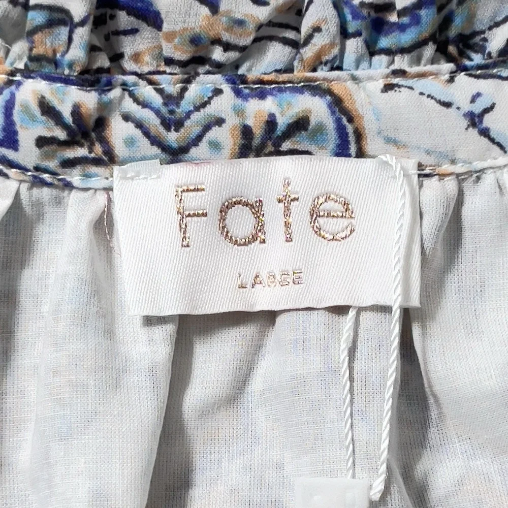 Fate Border‎ Print Tie Neck Peasant Blouse Womens Sz L Long Sleeve Cotton Voile